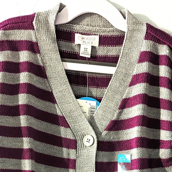 The Children's Place Girls Knit Sweater Purple Gray Striped Cardigan S, … - Picture 2 of 5